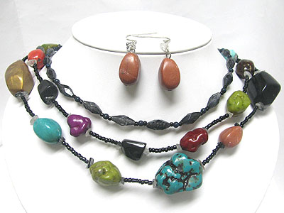 Multi mixed natural stone long necklace earring set