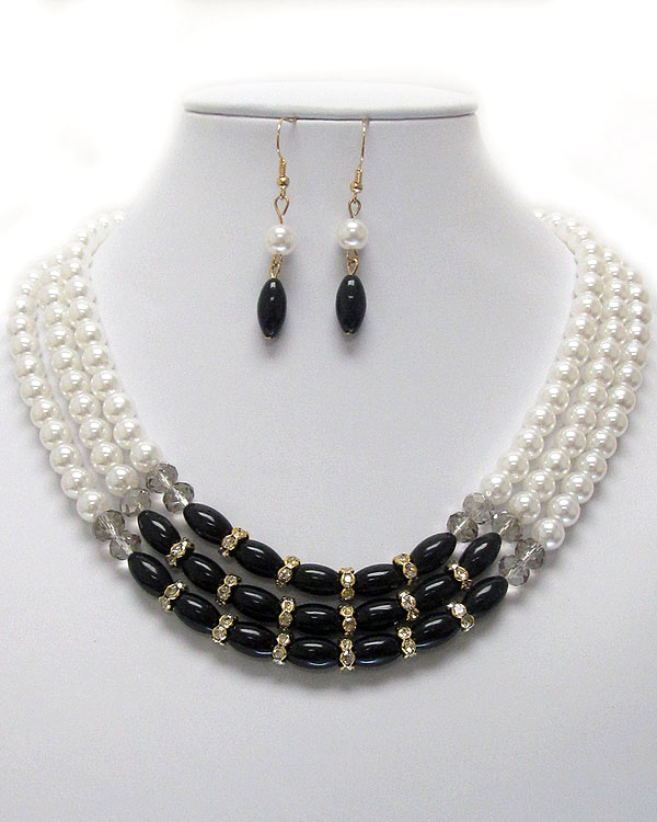 3 layered pearl chain and crystal rondelle necklace earring set