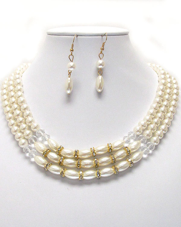 3 layered pearl chain and crystal rondelle necklace earring set