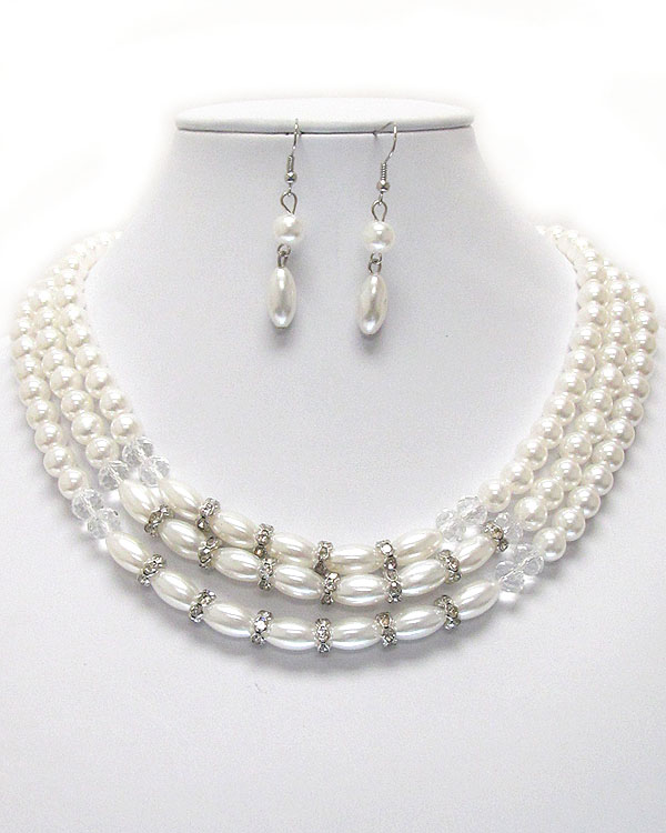 3 layered pearl chain and crystal rondelle necklace earring set