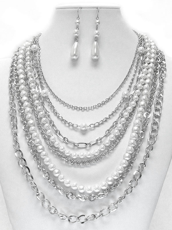 Multi pearl and chain mix necklace earring set