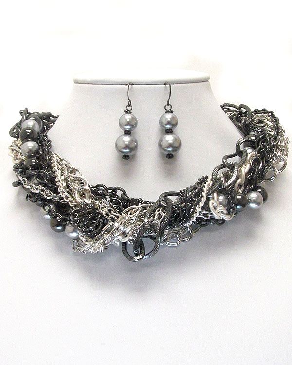 Multi metal and pearl chain mix and twist necklace earring set