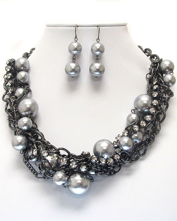 Multi metal crystal and pearl chain mix twist necklace earring set