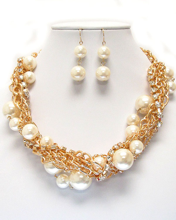 Multi metal crystal and pearl chain mix twist necklace earring set