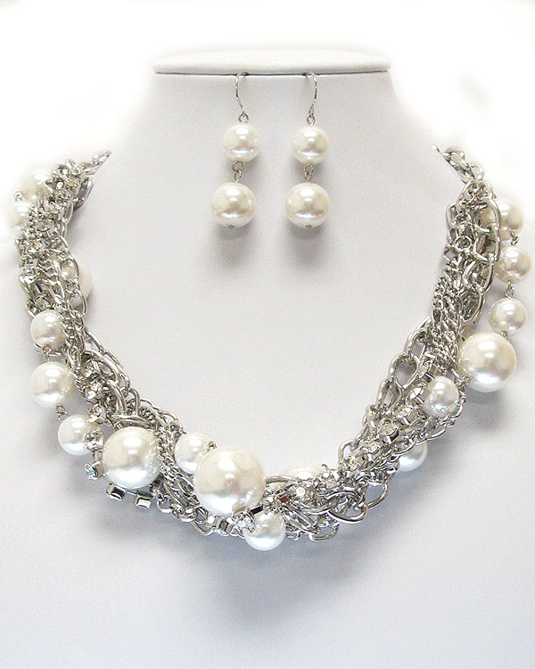 Multi metal crystal and pearl chain mix twist necklace earring set