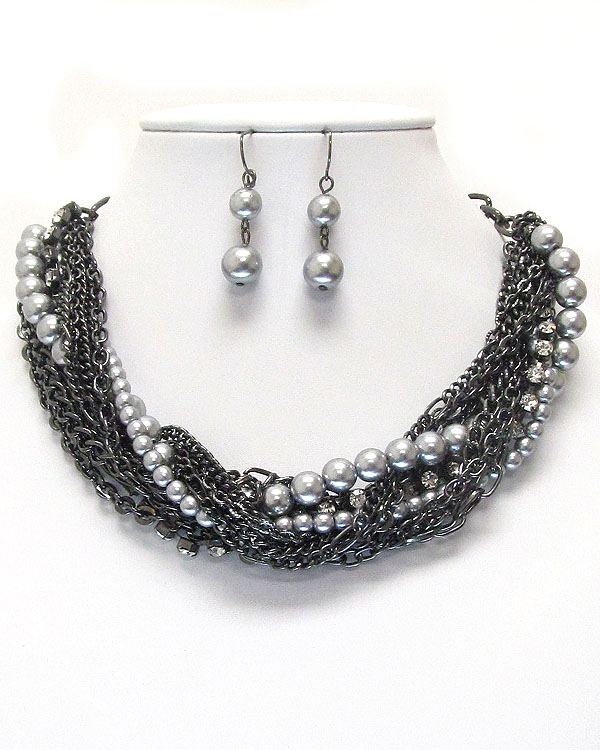 Multi metal crystal and pearl chain mix twist necklace earring set