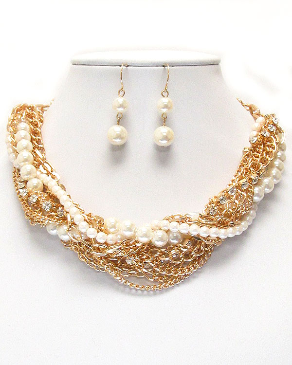 Multi metal crystal and pearl chain mix twist necklace earring set