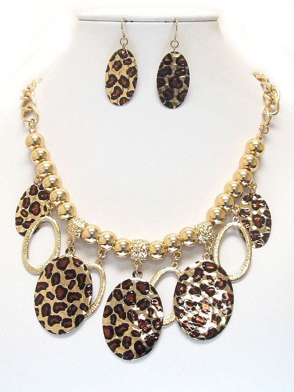 Multi animal print oval drop and metal ball chain necklace earring set - leopard