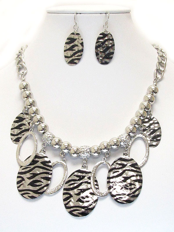 Multi animal print oval drop and metal ball chain necklace earring set - zebra