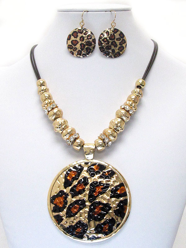 Animal print medallion and rondelle and metal ball bead link chain necklace earring set - leopard