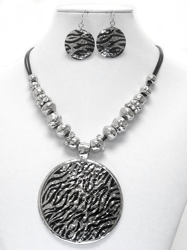 Animal print medallion and rondelle and metal ball bead link chain necklace earring set - zebra