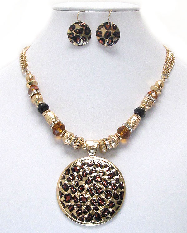 Animal print medallion and multi bead link chain necklace earring set - leopard