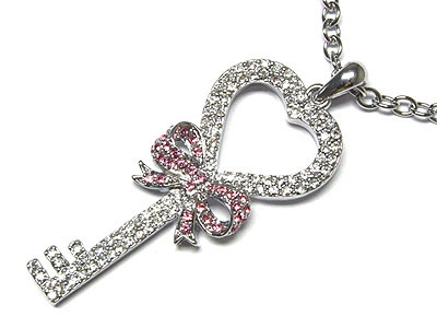 Crystal ribbon tied key necklace