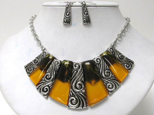 Multi resin and metal bar link necklace earring set