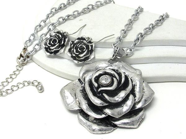 Large metal rose pendant long necklace earring set