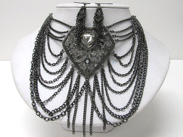 Large metal filigree pendant and multi chain link and drop necklace earring set