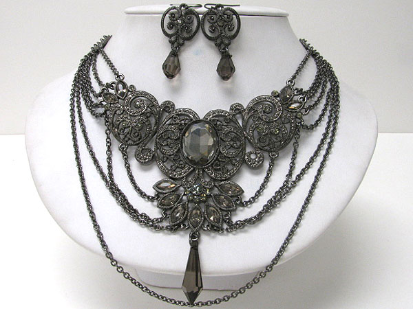 Facet stone and metal filigree bib and multi hanging chain necklace earring set