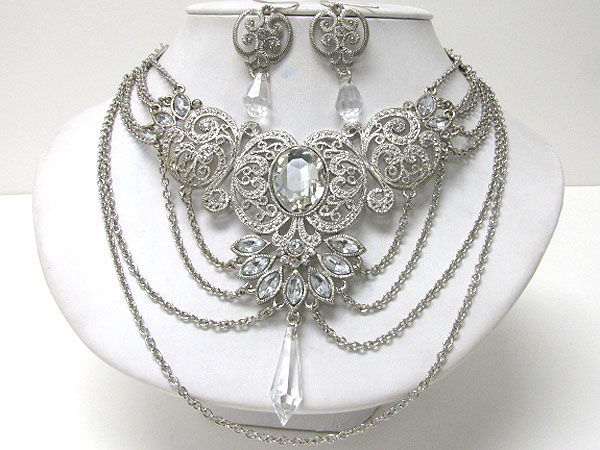 Facet stone and metal filigree bib and multi hanging chain necklace earring set