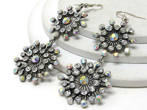 Crystal deco double flower drop earrings