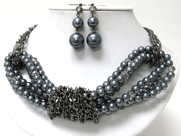 Pearl and chain mix necklace earring set