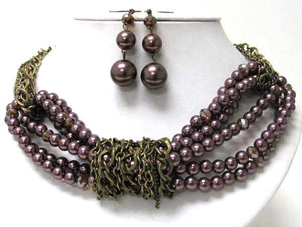 Pearl and chain mix necklace earring set