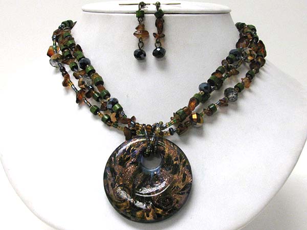 Murano glass disk pendant and chip stone necklace earring set