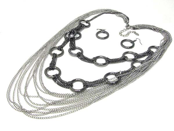 Multi hoop and chain link and drop plunge necklace earring set - hoops