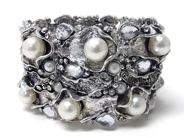 Crystal deco pearl in oyster shape link stretch bracelet