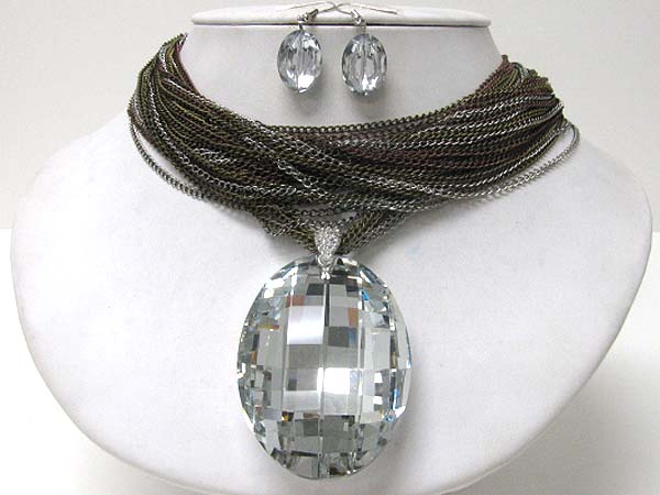 Large facet glass pendant and multi chain necklace earring set