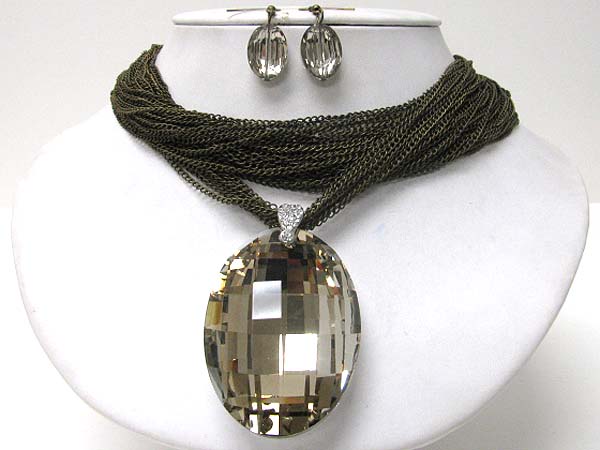 Large facet glass pendant and multi chain necklace earring set