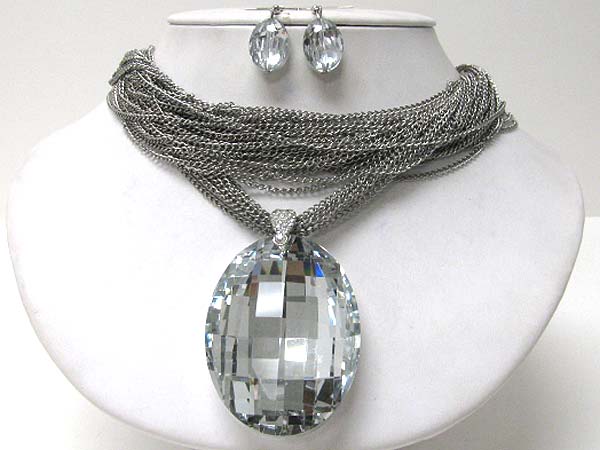 Large facet glass pendant and multi chain necklace earring set