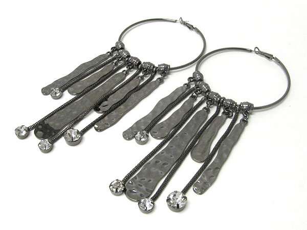 2.5 inch hoop hammered metal bar and crystal tip chain drop basketball wives inspired earring - hoops