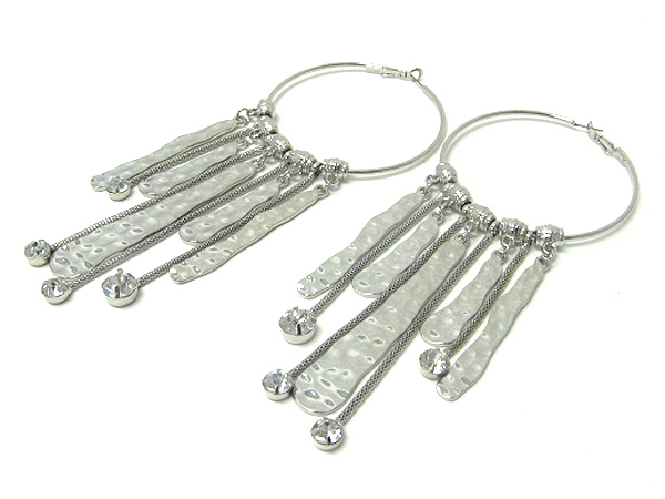 2.5 inch hoop hammered metal bar and crystal tip chain drop basketball wives inspired earring - hoops