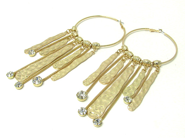 2.5 inch hoop hammered metal bar and crystal tip chain drop basketball wives inspired earring - hoops