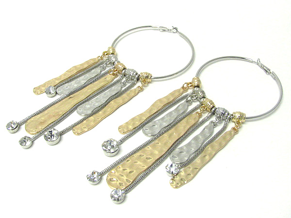 2.5 inch hoop hammered metal bar and crystal tip chain drop basketball wives inspired earring - hoops