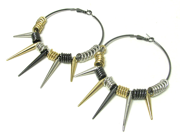 3 inch hoop metal ring and spike deco basketball wives inspired earring - hoops