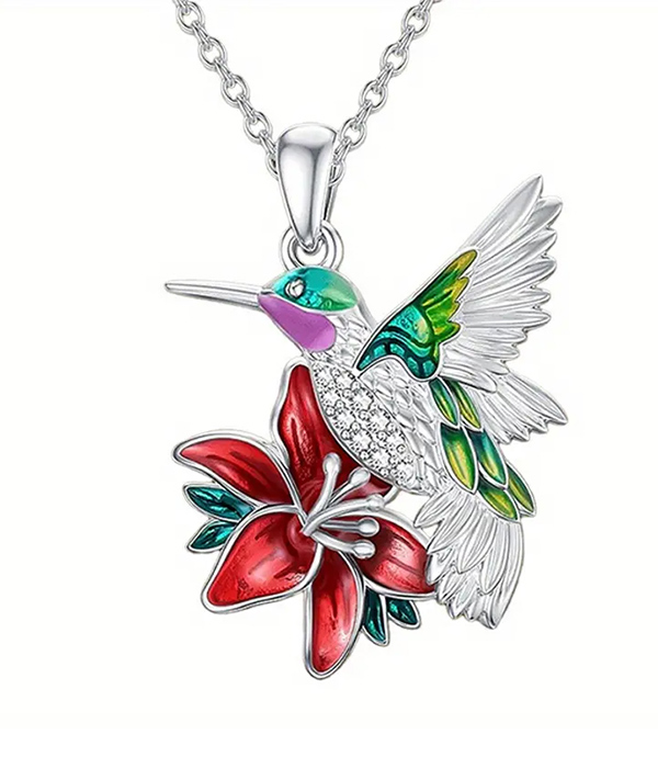 Flower and humming bird pendant necklace