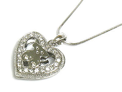 Crystal heart and bear double side neckalce