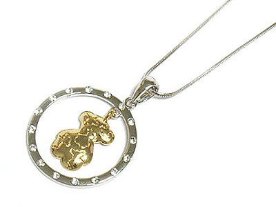 Crystal stud round and bear dangle necklace