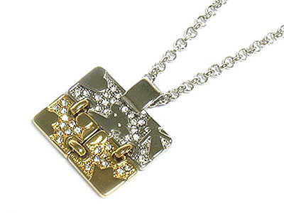 Two tone three piece metal link crystal bear necklace