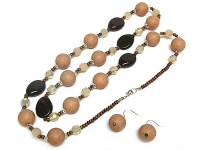 Wooden ball beads necklace and earring set