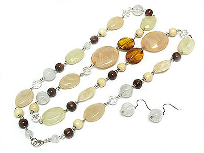 Multi color resin beads long necklace and earring set