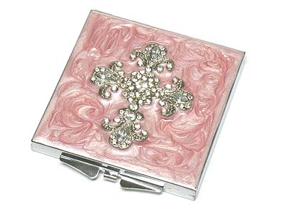 Crystal cross top square compact mirror - two side mirror 