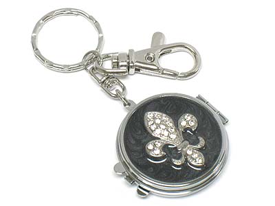 Crystal stone fleur de lis compact mirror key chain