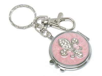 Crystal stone fleur de lis compact mirror key chain