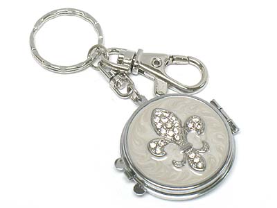 Crystal stone fleur de lis compact mirror key chain