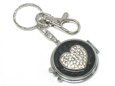 Crystal stone heart compact mirror key chain