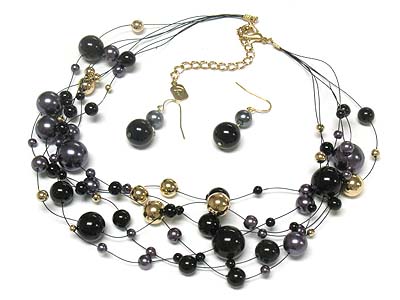 Illusionary multi ball bead and fishing thread necklace and earring set