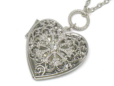 Metal filgree casting heart locket with crystal stone necklace