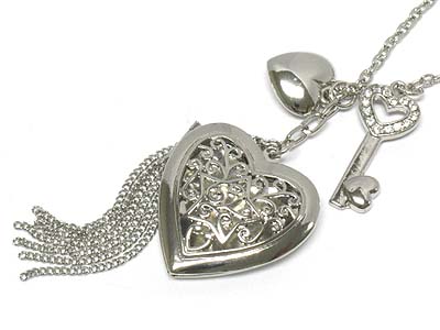 Filgree heart locket and crystal deco charm necklace 